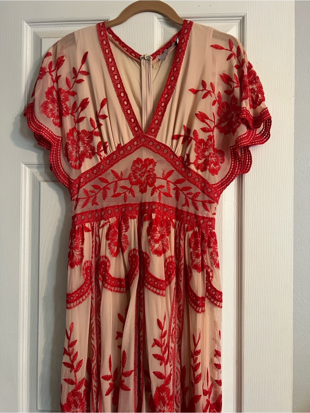 Red Floral Embroidered V-Neck Women's Dress
